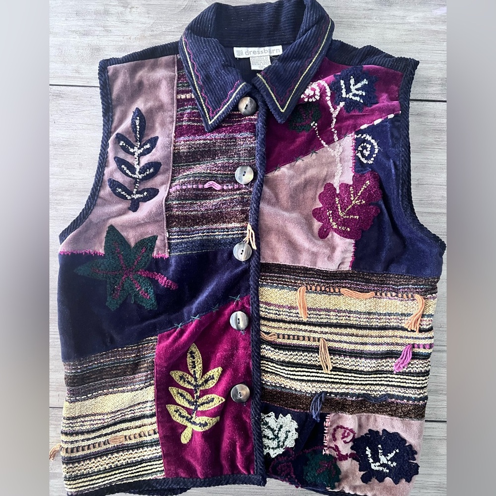 Dress Barn Vintage M Grandpa Core Vest Block Quilt Leaf Print Corduroy Cabincore
